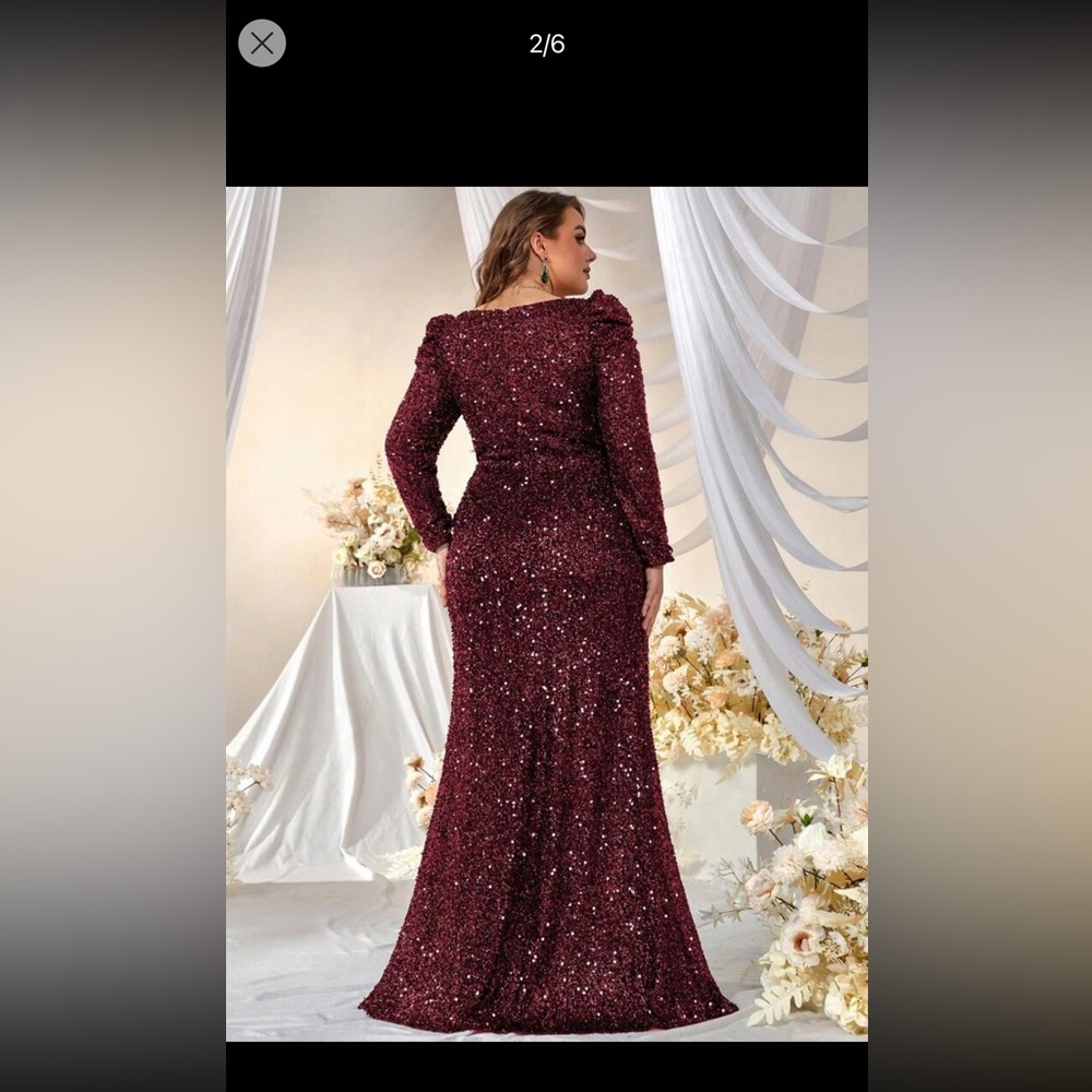 Giffniseti Plus Square Neck Puff Sleeve Sequin formal dress color Maroon - Picture 3 of 4
